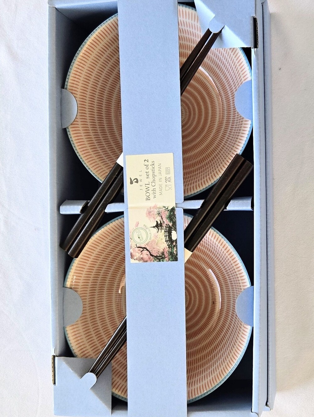 JEWEL 4PC SET Bowl Chopsticks Pink Stripe Made In Japan